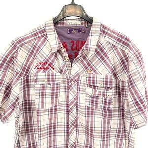 Akoo Button Down Shirt Mens 4XL Pre-Owned Plaid White Red Embroidered Streetwear
